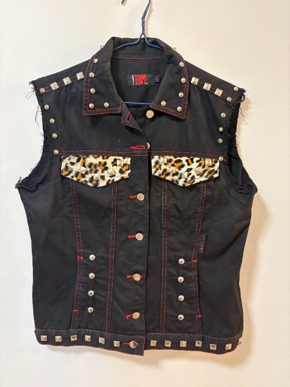 Tripp NYC Vest Distressed Black Denim Studded Spike Riveted Leopard Print Large